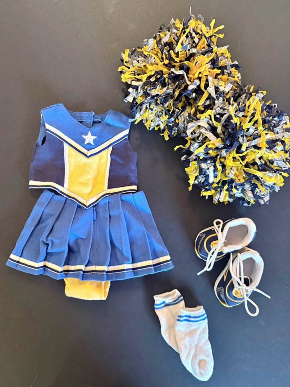 American Girl Blue and Yellow Cheerleader Outfit with Pom-Poms